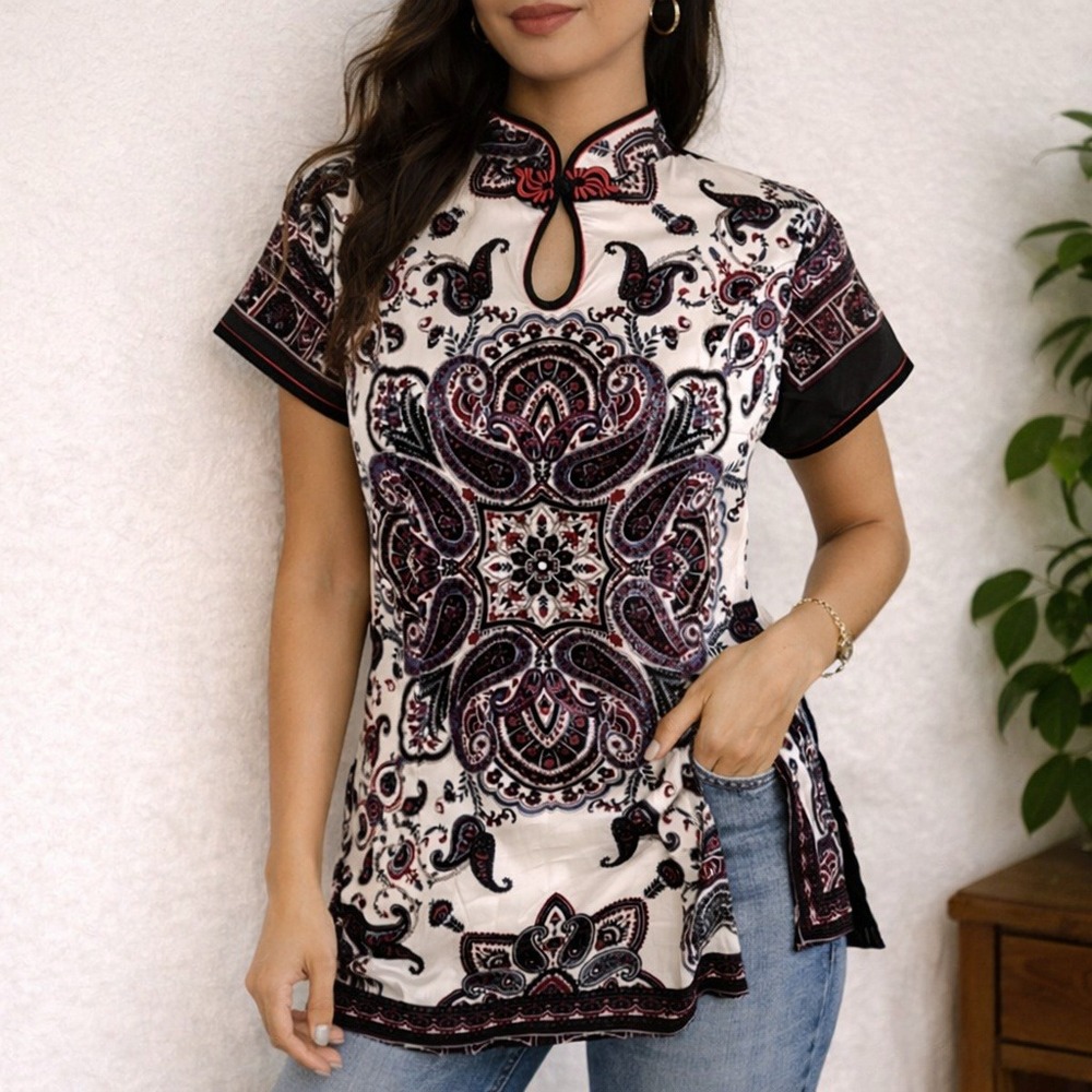 100% Silk Mandarin Collar Tunic Top Keyhole Multicolor Print Short Sleeve XL S/M